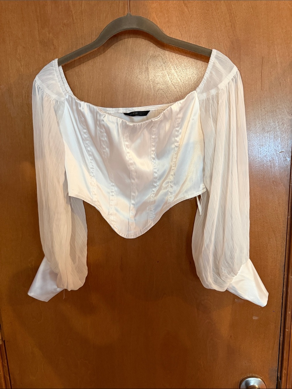 SHEIN White Satin Corset Top with Sheer Bishop Sleeves